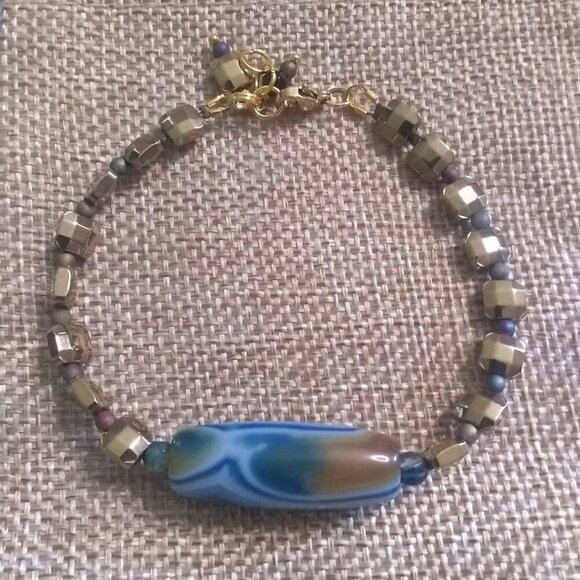 Banded Blue Agate Column & Sand Tile Bracelet! Beachy Coastal Ocean + Sand Hues - Picture 2 of 9